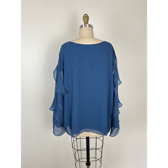 Vince Camuto Blue Ruffle Sheer Sleeve Chiffon V Neck Blouse 2X XXL Plus Size - Picture 5 of 16